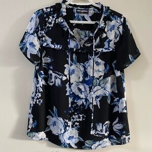 Karl Lagerfeld Ruffle Floral Black Blue Short Sleeve Key Hole Tie Blouse Small